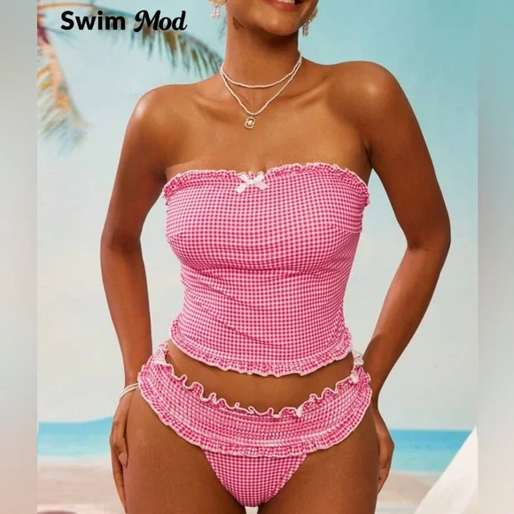 Pink Gingham Ruffle Bikini Set - Picture 3 of 6